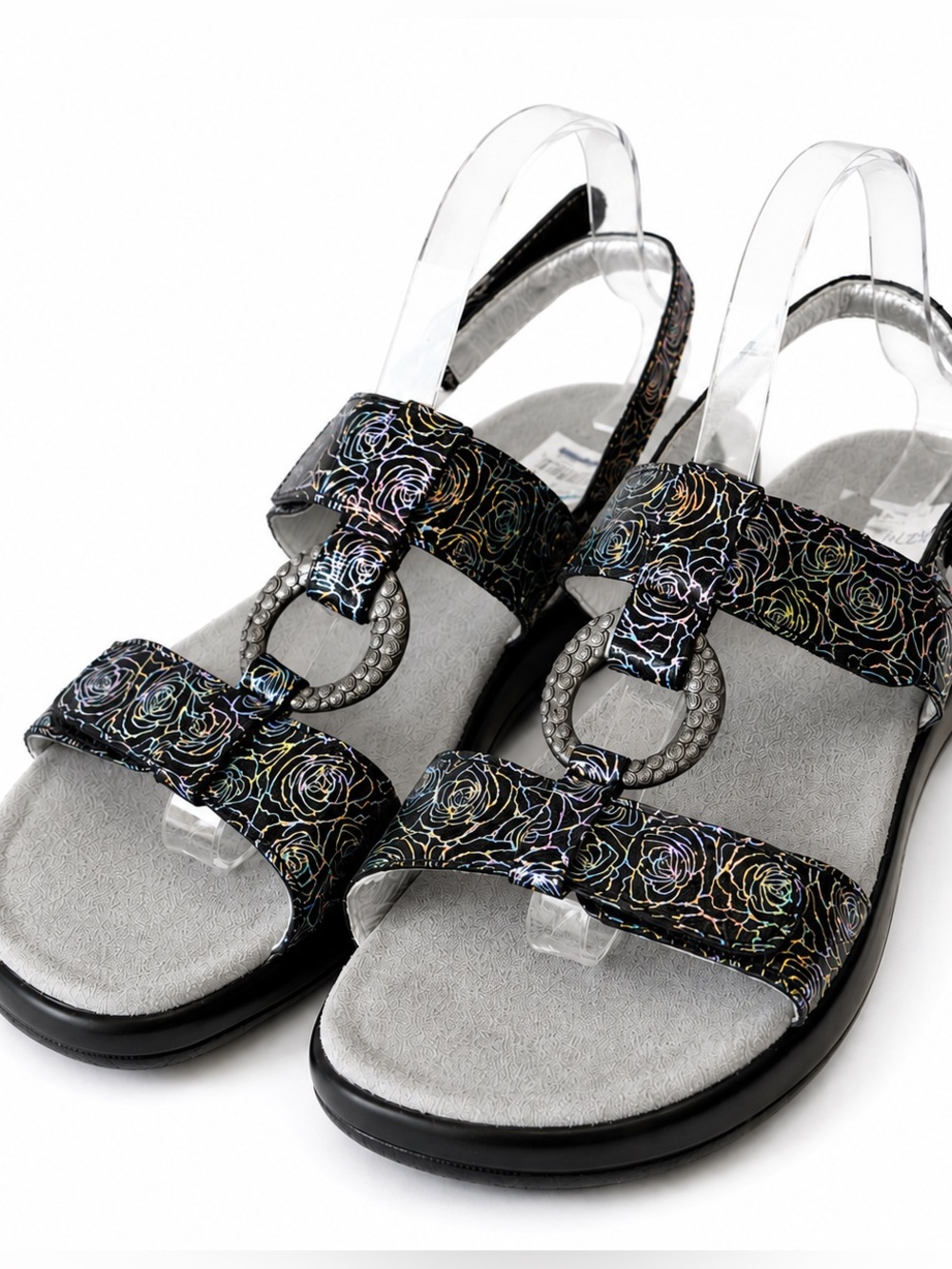Alegria JUL-535 Black Silver Floral Comfort Leather Wedge Sandals Women’s 41 NWT